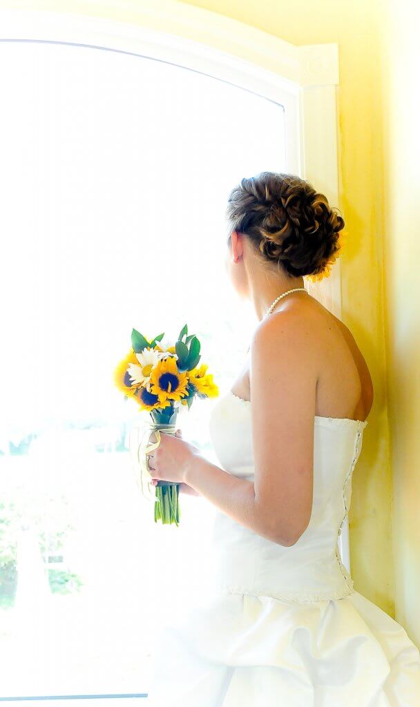 wedding dress and bouquet