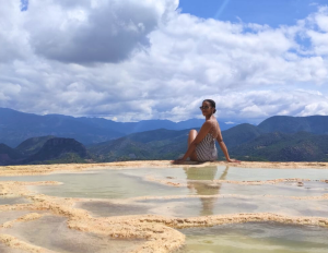 woman travel hot spring mountains